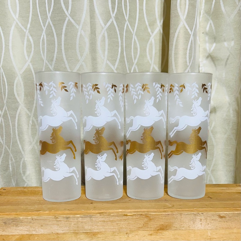 MCM Libbey Frosted Galloping Horse Cavelcade Tom Collin’s Glasses 4